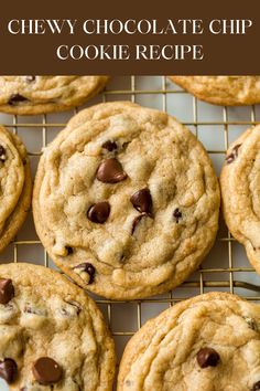 chewy chocolate chip cookie recipe on a cooling rack with text overlay that reads, chewy chocolate chip cookie recipe