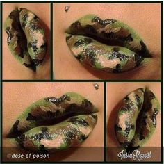 Camo lips, this as a tattoo under my shoulder blade Military Makeup, Army Makeup, Purim Makeup, Camo Makeup, Inner Lip Tattoo, Gi Jane, Nice Makeup, P Tattoo, Lip Art Makeup