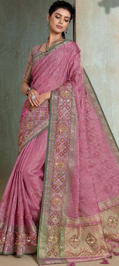 Pink and Majenta color Saree in Silk fabric with Embroidered, Thread, Weaving, Zari work Luxury Saree With Weaving Work For Puja, Reception Saree With Embroidered Border In Pink, Pink Art Silk Wedding Fabric, Thread Weaving, Reception Lehenga, Engagement Reception, Wedding Pink, Wedding Saree, Zari Work