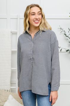 The Mixed Houndstooth Button Up Top is such a fun statement piece! This button up is made of different sized houndstooth print fabrics and has black buttons. Pair this top with a solid colored t-shirt and black pants. Lightweight + Split Hem Functional Buttons + Roll Tab Sleeve Self: 60% Cotton, 40% Polyester Contrast: 60% Cotton, 40% Polyester Wash Cold, Hang Dry Relaxed Fit *Measurements listed below are of the actual clothing item* XS: Chest 42" Length 27"S: Chest 44" Length 28"M: Chest 46" L Flower Charm Necklace, Athleisure Tops, Button Up Top, Chic Boutique, Black Button, Split Hem, Cardigan Jacket, S Models, Effortless Style