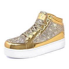 PRICES MAY VARY. Women's high-top glitter sneakers adorned in a radiant golden hue, exuding opulence and glamour. The thoughtfully designed platform heels offers a harmonious balance of comfort and style, allowing you to strut with confidence. Whether you're hitting the dance floor at a disco-themed party or walking down the aisle at a wedding, these shoes are a show-stopping choice. An irresistible gift for any occasion: sparkling sneakers perfect for her to wear during Valentine's Day, Christm