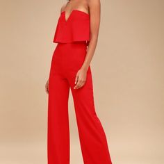 Lulus Power Of Love Red Strapless Jumpsuit - Size L Bought This Jumpsuit And Ended Up Not Needing It For My Event And Missed The Return Window. Nwt And In Perfect Condition. Red Jumpsuits Outfit, Bandeau Jumpsuit, Lulu Pants, Rompers Dressy, Wedding Jumpsuit, Power Of Love, Jumpsuit Outfit, Strapless Jumpsuit, Red Jumpsuit