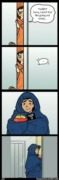 a comic strip with an image of a person in a blue hoodie eating food