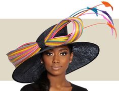 Women's Wide-Brimmed, Black and Multi-Stripe, Kentucky Derby Hat