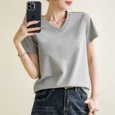 Summer Solid Color V-Neck Black Basic Tee  Material: 92.5%Cotton+7.5%Spandex  Style: Teen Girl Shirt Size: S, M, L, XL, 2XL, 3XL Color: Black, Gray  Occasion: Outdoor, Daily,  Vacation Solid V-neck T-shirt For Work, Casual V-neck Plain Top, Stretch V-neck T-shirt For Work, Basic Gray V-neck Tops, Casual Stretch T-shirt For Work, Casual Plain V-neck Top, Casual V-neck Shirt For Everyday, Everyday Casual V-neck Shirt, Casual Everyday V-neck Shirt