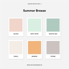 the color palette for summer breeze is shown in four different shades, including peach, green,