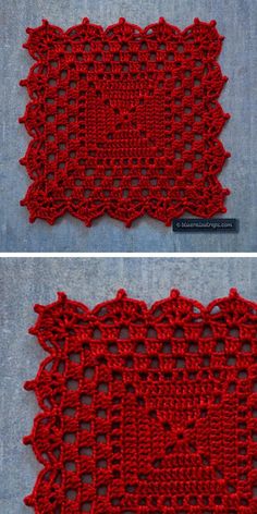 two pictures of red crocheted doily