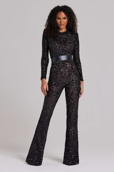 DESCRIPTION & FEATURES Inspired by Parisian style, our BELLA jumpsuit takes a modern twist on a traditional design. The dark nude lining provides coverage, whilst accentuating the intricate sequin embellished lace detailing. This style looks equally as good paired with or without the leather corset belt.-Sequin embellished lace.-Dark nude lining. -Concealed zip fastening. -Functional detachable belt included-Outer: 100% Nylon,Lining: 94% Polyester 6% Elastane SIZE & FIT INFORMATION - Item runs t Nadine Merabi, Black Lace Jumpsuit, Leather Corset Belt, Jumpsuit Fitted, Beautiful Belts, Lace Jumpsuit, Corset Belt, Leather Corset, Red Jumpsuit