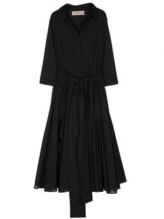 black cotton spread collar three-quarter length sleeves buttoned cuffs detachable waist belt pleated skirt full lining concealed front button fastening Midi Dress Black, Versace Outfit, Office Wear, Black Midi Dress, Waist Belt, Cocktail Party, Three Quarter, Pleated Skirt, Midi Length