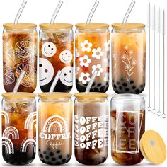 there are many different types of coffee in the jars with straws and spoons