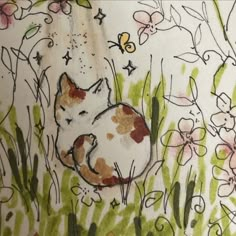 a drawing of a cat laying in the grass with flowers and butterflies on it's back