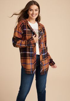 Cabin Plaid Boyfriend Hooded Button Down Shirt - A Cabin, Fall Clothes, Favorite Sweater, Flannel Fabric, List Style, Womens Plaid, Cotton Flannel, Button Downs, Halloween Decor