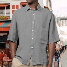 Gray Men's Linen Shirt Summer Shirt Beach Shirt Turndown Summer Short Sleeve Blue Green Khaki Plain Casual Daily Clothing Apparel Front Pocket Casual Collar Shirt With Pockets For Vacation, Gray Short Sleeve Beach Top, Casual Collar Short Sleeve Shirt With Pockets, Casual Half Sleeve Shirt For Vacation, Solid Color Casual Collar Shirt With Pockets, Beach Shirt With Spread Collar And Pockets, Vacation Shirt With Spread Collar And Pockets, Gray Short Sleeve Top For Vacation, Solid Color Half Sleeve Shirt With Button Closure