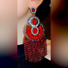 Sparkly Red Chandelier Earrings Pageant Earrings Holiday Earrings Red Chandelier, Pageant Earrings, Real Queens, Holiday Earrings, Holiday Earring, Queen Bee, Queen Bees, Earrings Color, Boutique Jewelry