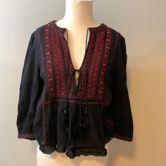 Free People Black/Red Peasant Top With Small Studs -Front Keyhole Tie Option -Flare/Peasant Cut -Nwot Black Peasant Top For Fall, Black Bohemian Peasant Top For Fall, Black Long Sleeve Peasant Top, Black Long Sleeve Peasant Blouse, Black Long Sleeve Bohemian Peasant Top, Black Bohemian Cotton Peasant Top, Jewelry Chest, Peasant Top, Peasant Blouse