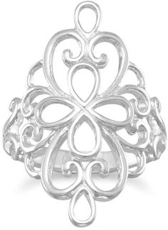 Polished sterling silver ornate filigree design ring. The design area of the ring measures 24mm x 30mm. This ring is available in whole sizes 6-9. .925 Sterling Silver 30 day satisfaction guarantee! Filligree Ring, Celtic Style, Swirl Ring, Sterling Silver Filigree, Filigree Design, Rings Cool, Filigree Ring, Sterling Silver Cross, Silver Filigree