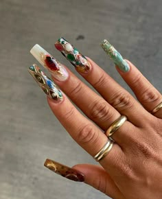 Long Earthy Nails, Maximalist Fall Nails, Earthy Aura Nails, Fall Nails Maximalist, Streetwear Nails, Brown Funky Nails, Models Quotes, Hairstyles Back To School, Streetwear Jewelry