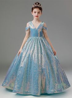 Blue Sequins V-neck Beading Flower Girl Dress Dramatic Skirt, Kids Formal Dresses, Sequin Flower Girl Dress, Flower Girl Dresses Blue, Frock Designs, Iridescent Fabric, Girls Dresses Diy, Turquoise And Pink