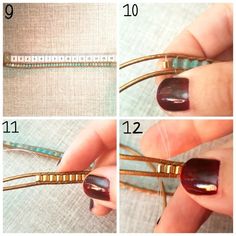 four pictures showing how to do nail art with gold and red nails, including the tips of