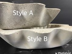 two stone bowls sitting side by side on top of a table with the words style a and style b in front of them