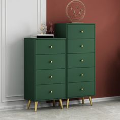 a green chest of drawers next to a red wall with a clock on the top