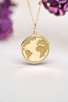 Earth Symbolizes stability, fertility and security. Gift For: Birthdays, Baby Showers, Anniversaries, Weddings ● 14K SOLID GOLD ● FREE BACK SIDE PERSONALIZATION ● FREE SHIPPING  ● Inner diameter of the jump ring is 4mm ● Pendant thickness is 0.5mm 🇺🇸 All items are HANDMADE IN USA 🇺🇸 All materials are sourced from USA ● Chain Length Options    - Without Chain    - 40 cm / 16 inches    - 45 cm / 18 inches    - 50 cm / 20 inches ● Pendant Size Options    - 13  mm  / 0.51 Inches diameter     - 1 Globe Necklace, Gold Globe, Earth Map, Map Pendant, Compass Necklace, Personalized Pendant, Silver Jewelry Handmade, Emerald Jewelry, Necklace Personalized