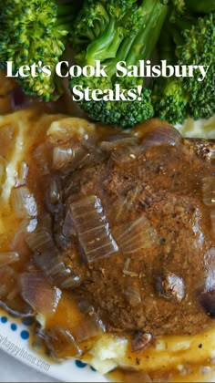 meat and gravy on top of mashed potatoes with broccoli in the background