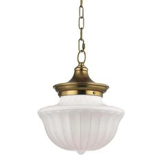 an antique brass finish hanging light fixture with white glass shades on the front and side