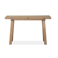 a wooden table with two legs and a small rectangular design on the top, against a white background