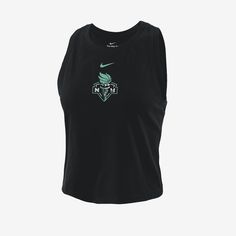 Keep cool and feel the sun on your shoulders as you rep the New York Liberty in this cropped tank top. Nike Cotton Tank Top Athleisure, Nike Cotton Athleisure Tank Top, Nike Cotton Tank Top For Athleisure, Sleeveless Cotton Nike Top, Nike Black Sleeveless Top, Nike Cotton Tank Top For Workout, Nike Sports Crop Top, Cropped Tank Top For Summer Sports, Nike Black Sleeveless Tank Top