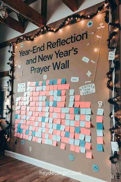 a bulletin board with post - it notes attached to it that says year end reflection and new year's prayer wall