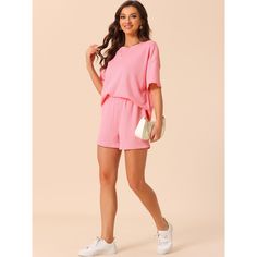 Elevate your lounging experience with the Cheibear Women's Lounge Outfits. This pajama set, featuring a casual round neck top with short sleeves and matching shorts, is crafted from a soft blend of 95% Polyester and 5% Spandex, ensuring both comfort and breathability. The ribbed, solid color design adds a touch of simplicity and style to your relaxation time.

- Material: 95% Polyester, 5% Spandex
- Color: Pink
- Gender: Female
- Size: Small

Ideal for various leisure activities, from sleeping a Casual Short Set For Loungewear, Casual Loungewear Short Set, Casual Solid Sleepwear For Vacation, Casual Sleep Short Set, Casual Spring Sleep Short Set, Casual Summer Short Set For Lounging, Casual Short Set For Summer Lounging, Casual Relaxed Fit Short Set For Lounging, Summer Loungewear Short Set With Crew Neck