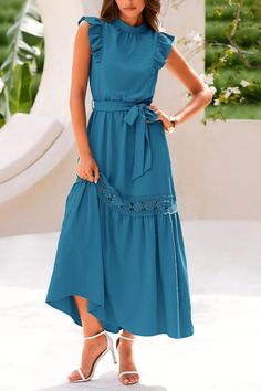 Style: Casual Material: 97% polyester, 3% spandex Pattern: Solid color Neckline: Round neck Sleeves: Sleeveless Design: Bohemian style long dress with ruffled design, loose and flowing Occasions: Party, date, dinner, vacation, beach, vacation, going out, etc. Create a stylish look. Season: Spring, summer, fall Washing care: machine wash in cold water. Wash with similar colors. Allow to dry. Blue Solid Color Midi Dress For Beach, Blue Solid Color Midi Beach Dress, Casual Solid Color Maxi Dress With Ruffles, Long Solid Color Dress For Vacation, Solid Color Midi Dress With Ruffles For Beach, Solid Color Chiffon Beach Dress, Stretch Solid Color Maxi Dress For Beach, Blue Solid Color Maxi Dress, Single Color Flowy Maxi Dress For Brunch