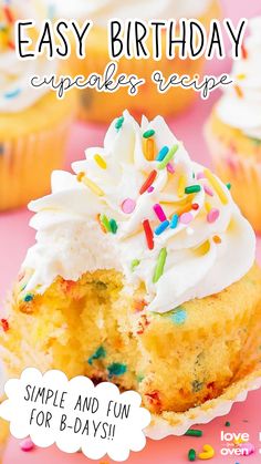 an easy birthday cupcake recipe with white frosting and sprinkles