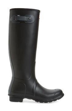 A classic finish perfects a puddle-proof rubber boot finished with a traction-gripping sole. Subtle tonal motifs circle the shaft, while an adjustable buckle at the side adds interest. Waterproof: protects against rain, puddles and slush to keep feet dry in wet conditions 1 1/2" heel height (size 9) 16" boot shaft height; 15 1/2" calf circumference In hot or humid weather, natural latex rubber releases a protective wax film; simply wipe it off with a damp cloth A pristine finish and shine is eas Black Boots With Rubber Sole For Rainy Weather, Classic Round Toe Boots For Rainy Weather, Classic Waterproof Rain Boots, Classic Waterproof Rain Boots For Rainy Weather, Classic Waterproof Rain Boots With Round Toe, Hunter Rain Boots Outfit, Rain Boots Outfit, Jeans Polyvore, Men Selfie