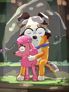 an animated dog hugging another dog in front of a large rock with its eyes closed