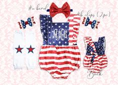 "4TH OF JULY ROMPER SET ROMPER: Very soft romper embellished with stars and your little one's name in red glitter professionally heat pressed vinyl material! Detailed with ruffles on shoulders and ties on back. \" MONOGRAM\" Please leave a note to seller during checkout your monogram letters. 1. LETTER= 2.LETTER=( last name in middle) 3.LETTER= Size available 0-6 months, 6-12 months, 12-24 months, and 2T #A BAND: Premium quality sequin bow approx. 4\" and centered on velvet elastic band. If you Unicorn Birthday Outfit, July Outfits, Rainbow Unicorn Birthday, Birthday Tutu Outfit, July Baby, Unicorn Headband, Minnie Birthday, Birthday Girl Outfit, 4th Of July Outfits