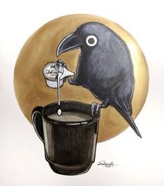 a drawing of a bird drinking from a cup with a spoon in it's beak