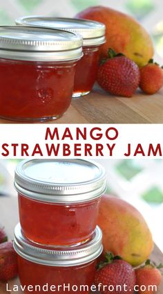 three jars filled with strawberry jam sitting on top of a table