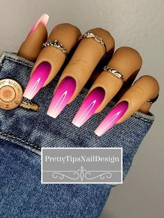 Hot Pink Coffin French Tip, Long Gel Nail Designs, Pink And Teal Nails Design, Quotes On Summer, Bright Pink Nails With Design, Reverse Ombre Nails, Nails Fucsia, Pisces Nails, Trendy Nails Pink