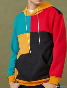 OrcaJump - Mens Color Block Hoodie with Patchwork and Front Pocket - Casual Streetwear for Fall and Winter Color Block Hoodie, Cool Streetwear, Basic Hoodie, Sweatshirts Online, Block Design, Casual Streetwear, Fall And Winter, Puma Jacket, Hoodie Sweatshirt