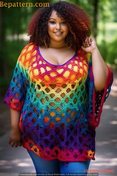 a woman wearing a colorful crochet top