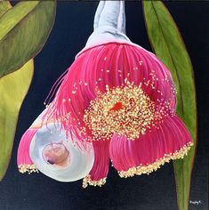 a painting of a pink flower with green leaves in the background and a person standing on top of it