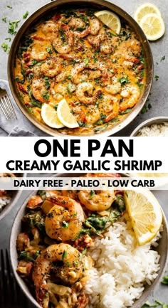 one pan creamy garlic shrimp with white rice and lemon wedges