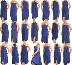 many different pictures of a woman in a blue dress