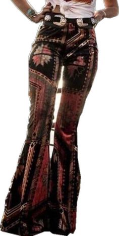 Bohemian Stretch Printed Pants, Hippie Style Fitted Pants For Fall, Hippie Fitted Pants For Fall, Fitted Hippie Pants For Fall, Bohemian Multicolor Flare Bottoms, Bohemian Flare Multicolor Bottoms, Multicolor Bohemian Flare Bottoms, Printed Full-length Fitted Bottoms, Fitted Full Length Printed Bottoms