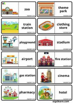 an activity for children to learn english with pictures and words in the form of buildings