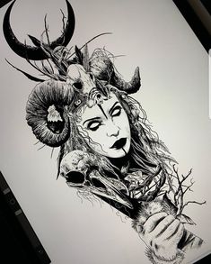 a black and white drawing of a woman with horns