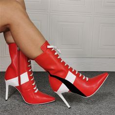 Red PU Point Toe Strap High Heel Calf Boots Hip Clothes, Boots Square Toe, Model Streetstyle, Suede Boots Knee High, Ankle Bones, Calf Boots, Wedge Boots, Dress Plus Size, Fashion And Lifestyle