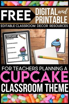 a cupcake themed classroom planner with the text free printable for teachers planning a cupcake classroom theme